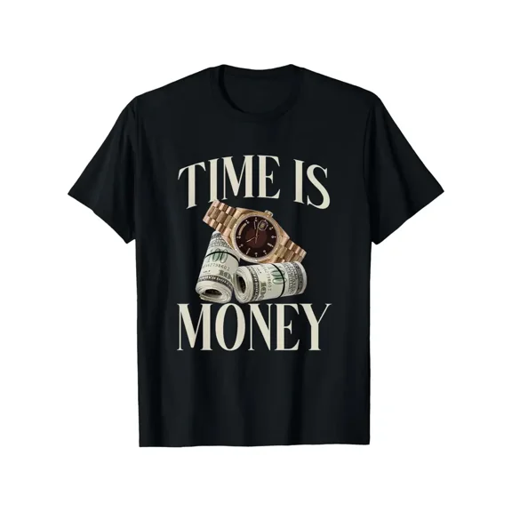 Time Is Money Cash Business Millionaire Cryptocurrency Rich T-Shirt - Wealth Design with & Crypto Symbols, Casual Short Sleeve Round Neck Tee for &, Machine Washable for