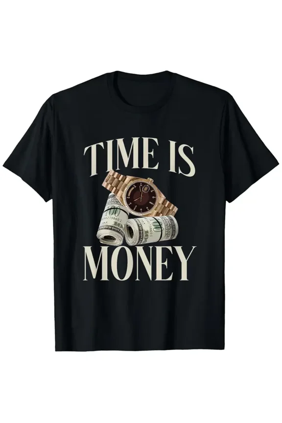 Time Is Money Cash Business Millionaire Cryptocurrency Rich T-Shirt - Wealth Design with & Crypto Symbols, Casual Short Sleeve Round Neck Tee for &, Machine Washable for