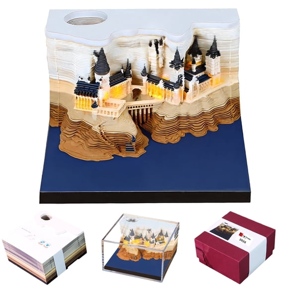 Time Piece Calendar 2026, 3D Sticky Notes 2026, Magic Castle with Weekly & LED Lights, 3D Calendar Paper Carving Art Memo Pad Notepad, Gift for Christmas Housewarming Desktop Decoration