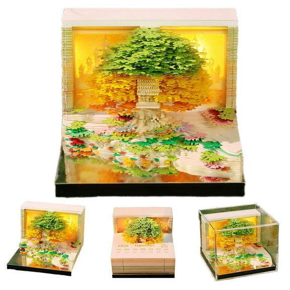 Time Piece Calendar 2026, 3D Sticky Notes 2026, Sculpture Tree House with Weekly & LED Lights, 3D Calendar Paper Carving Art Memo Pad Notepad, Gift for Christmas Housewarming Desktop Decoration