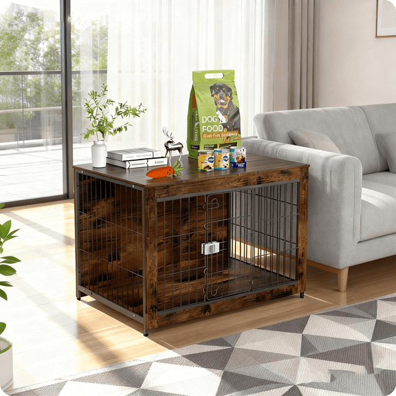 TIME RAY 32"Dog Crate Furniture with Secure Lock, Wooden Dog Kennel End Table Indoor Dog Cage for Small/Medium Dogs, Decorative Pet Crate Table for Home Indoor Use