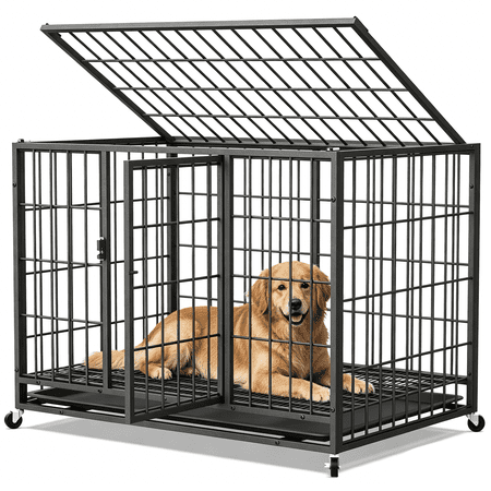 TIME RAY 38" Metal Wire Dog Crate for Large Dogs with Tray and Double Door, Dog Cage for Yard Indoor Outdoor Use,XL Dog Cage Kennel,Black