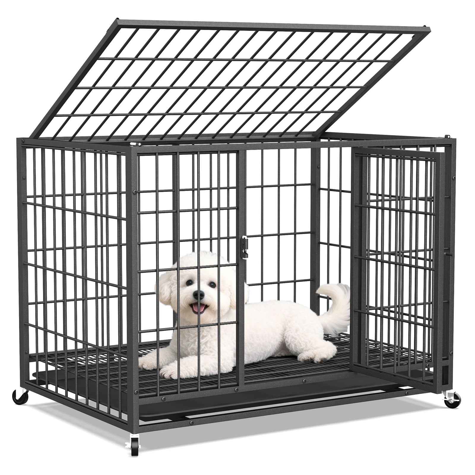 TIME RAY 38" Metal Wire Dog Crate for Large Dogs with Tray and Double Door, Dog Cage for Yard Indoor Outdoor Use,XL Dog Cage Kennel,Black