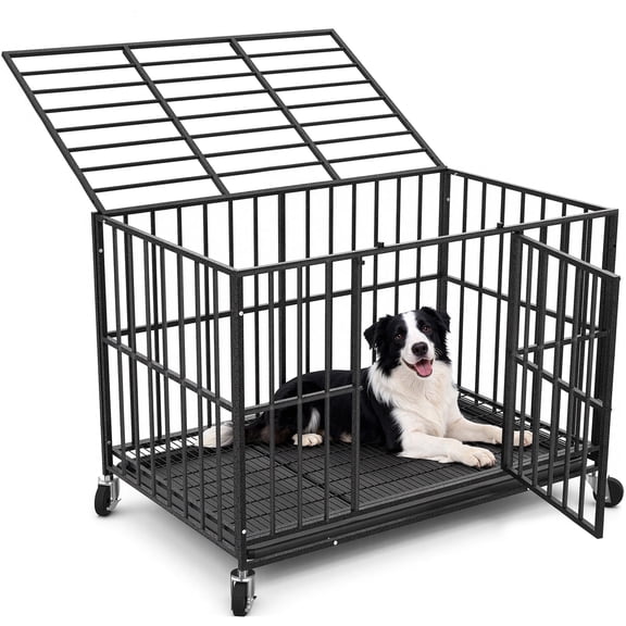 TIME RAY 42 Inch Heavy Duty Indestructible High Anxiety Dog Crate Cage for Large Dog with Steel Escape Proof, Indoor Double Doors,Lockable Wheels and Removable Tray,Black