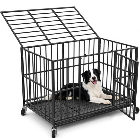 TIME RAY 42 Inch Heavy Duty Indestructible High Anxiety  Dog Crate Cage for Large Dog with Steel Escape Proof, Indoor Double Doors,Lockable Wheels and Removable Tray,Black