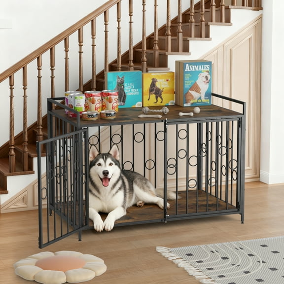 TIME RAY Dog Crate Furniture for Medium Dog with Double-Doors , Dog Kennel Indoor Decorative Pet House Dog Cage Table, Brown