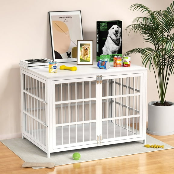 TIME RAY 42 inch Dog Crate Cage Furniture for Large Dog, Heavy Duty Dog Kennel for Medium/Large Dogs, Decorative Pet Cage for Home Use,White