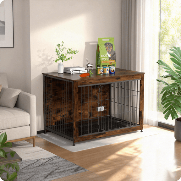 TIME RAY 43"Dog Crate Furniture with Secure Lock and Removable Tray, Wooden Dog Kennel End Table Indoor Dog Cage for Small/Medium Dogs, Decorative Pet Crate Table for Home Indoor Use
