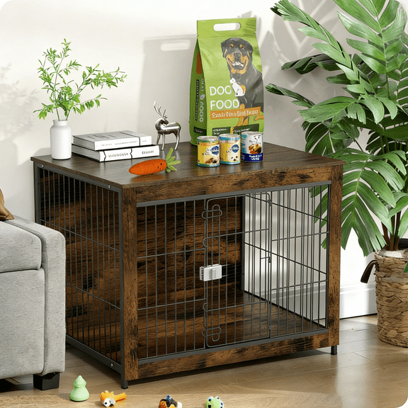 TIME RAY 43"Dog Crate Furniture with Secure Lock, Wooden Dog Kennel End Table Indoor Dog Cage for Small/Medium Dogs, Decorative Pet Crate Table for Home Indoor Use