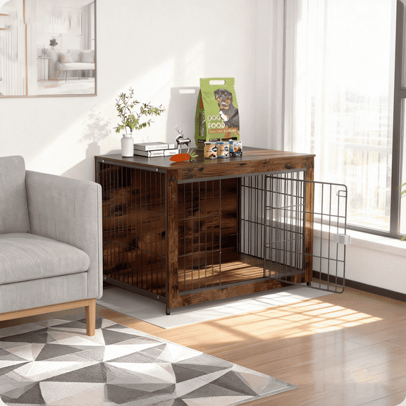 TIME RAY 43"Dog Crate Furniture with Secure Lock, Wooden Dog Kennel End Table Indoor Dog Cage for Small/Medium Dogs, Decorative Pet Crate Table for Home Indoor Use