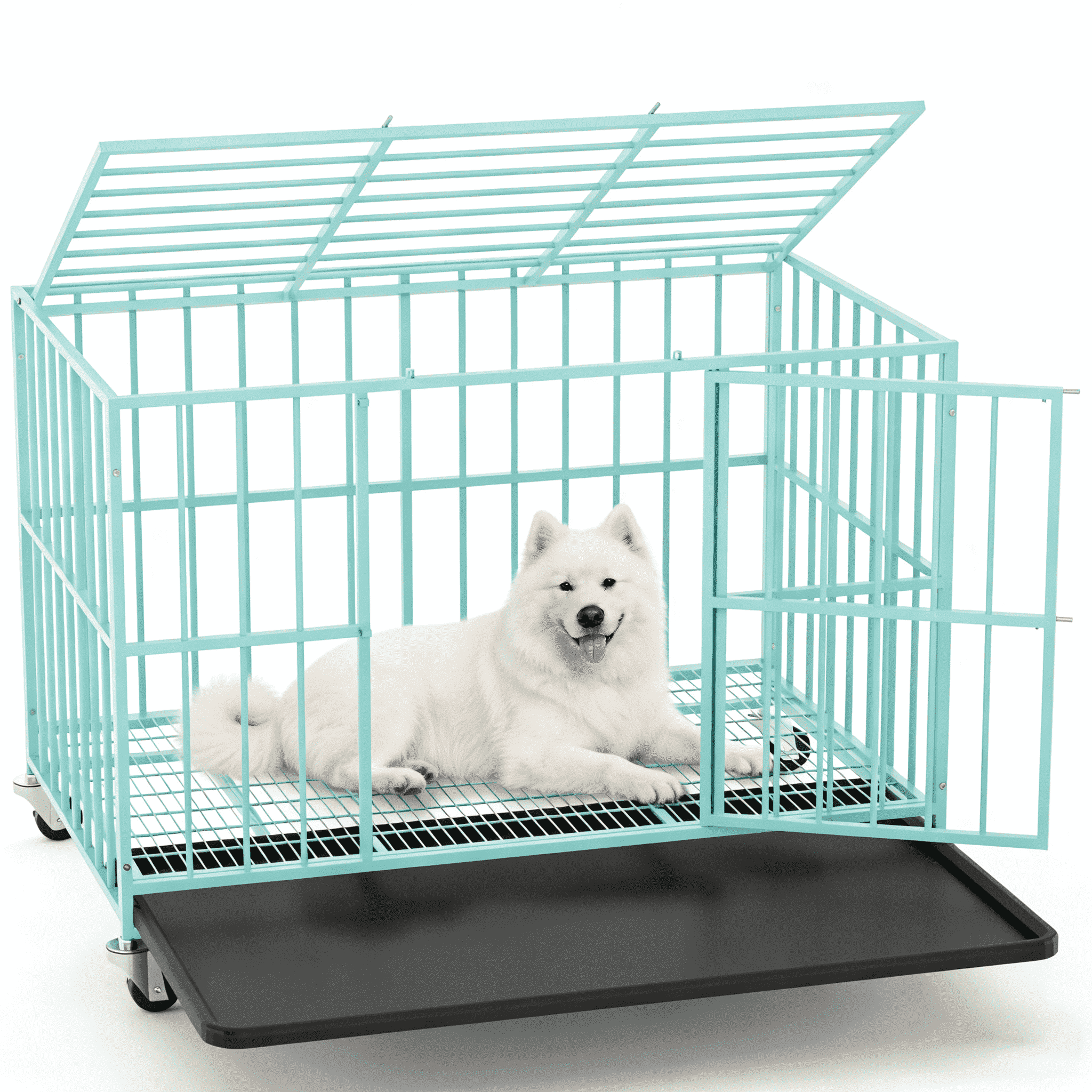 TIME RAY 48 Inch Heavy Duty Indestructible High Anxiety Dog Crate Cage for Large Dog with Steel Escape Proof, Double Doors,Lockable Wheels and Removable Tray,Green