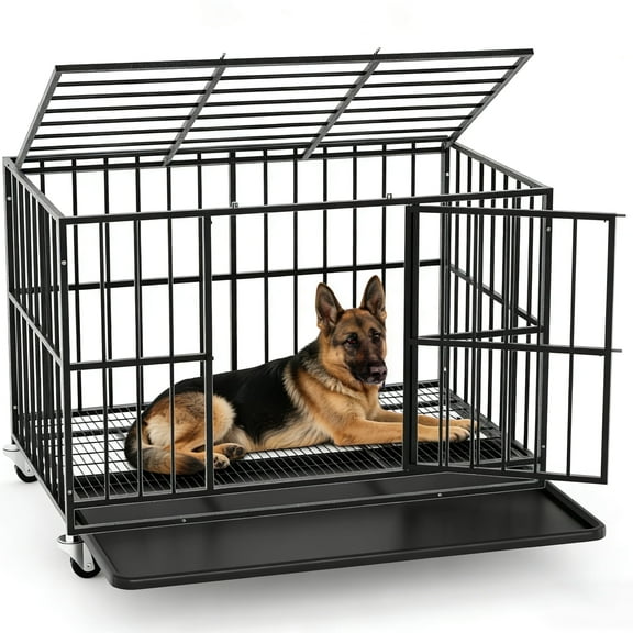 TIME RAY 48 Inch Heavy Duty Dog Crate Cage for Large Dog with Steel Escape Proof, Indoor & Outdoor Double Doors,Lockable Wheels and Removable Tray,Black