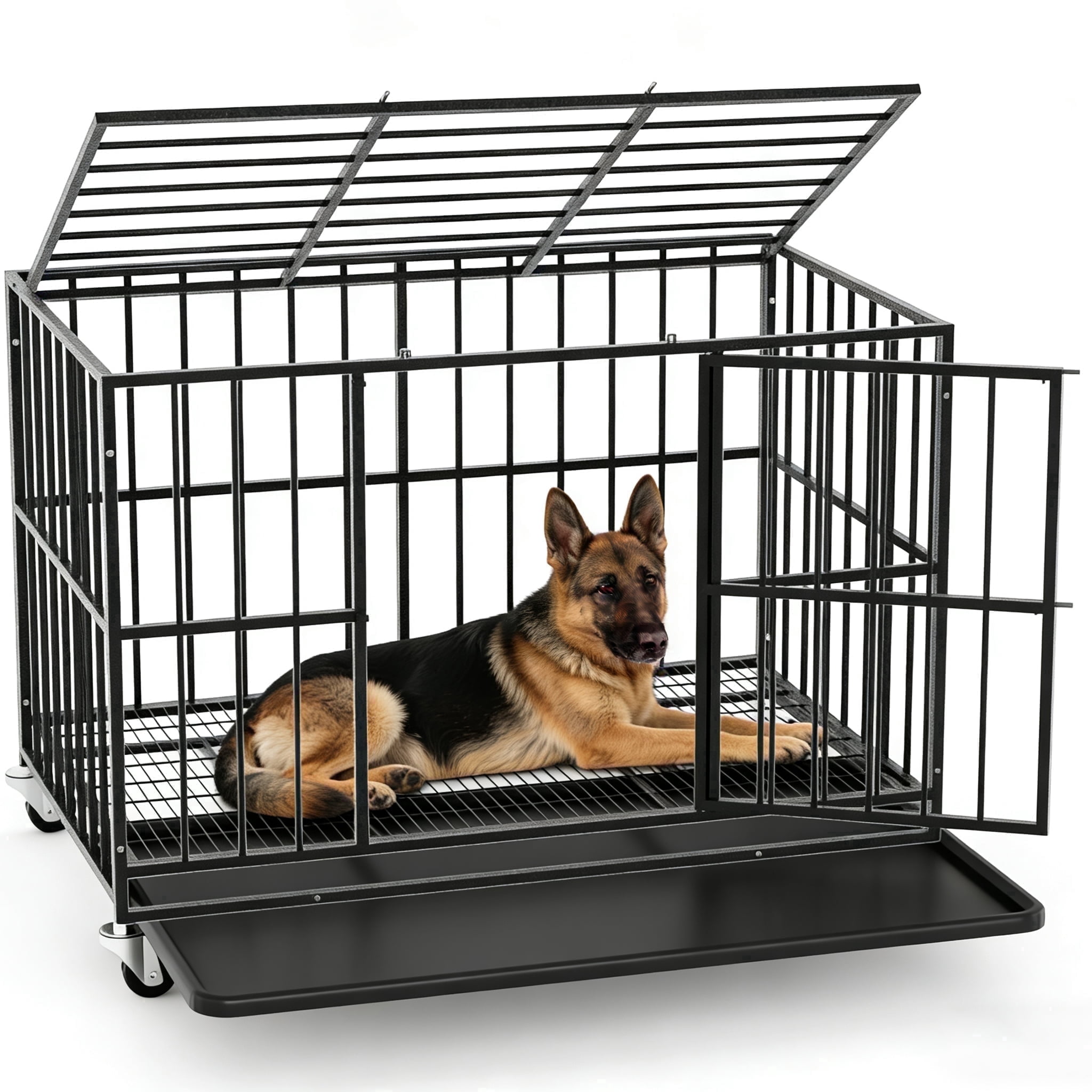 TIME RAY 48 Inch Heavy Duty Dog Crate Cage for Large Dog with Steel Escape Proof, Indoor & Outdoor Double Doors,Lockable Wheels and Removable Tray,Black