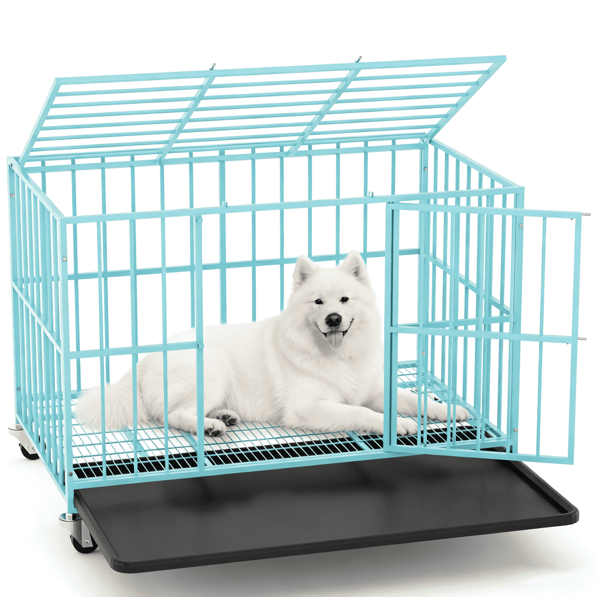 TIME RAY 48 Inch Heavy Duty Indestructible High Anxiety Dog Crate Cage for Large Dog with Steel Escape Proof, Double Doors,Lockable Wheels and Removable Tray,Blue