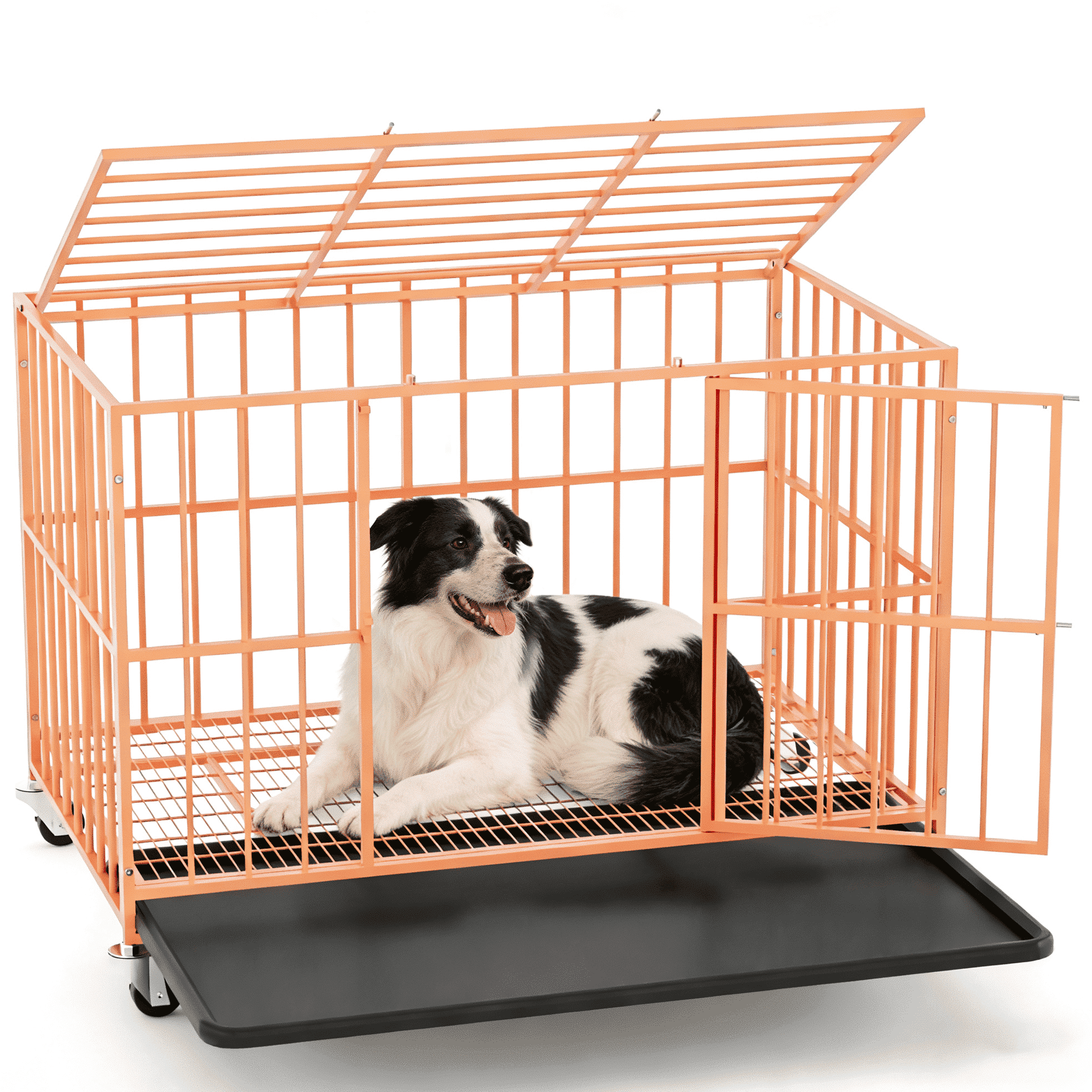 TIME RAY 48 Inch Heavy Duty Indestructible High Anxiety Dog Crate Cage for Large Dog with Steel Escape Proof, Double Doors,Lockable Wheels and Removable Tray,Orange