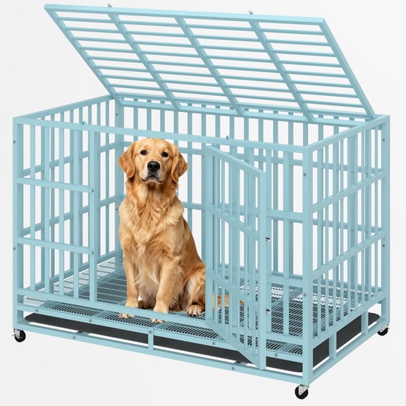 TIME RAY 48" Heavy Duty Dog Crate,Indestructible High Anxiety Dog Crate Cage for Outdoor and Indoor with Removable Tray,Blue