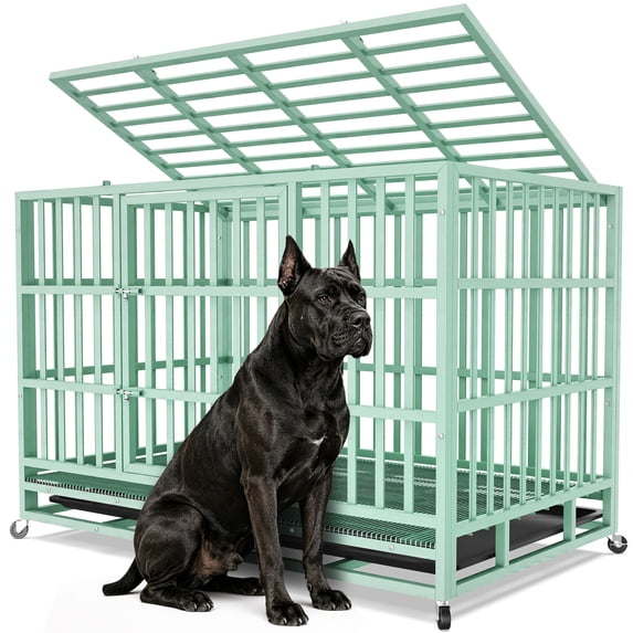 TIME RAY 48 Inch Heavy Duty Dog Crate for XL Large Dog,Indestructible High Anxiety Dog Cage for Indoor and Outdoor with Wheels and Removable Tray, Green