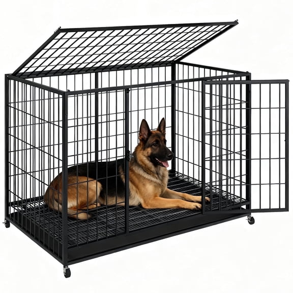TIME RAY 48 inch  Wire Heavy Duty Dog Crate Cage for inside Large Dogs with RemovableTray, Double Door, Extra Large XXL XL for Yard Indoor Outdoor
