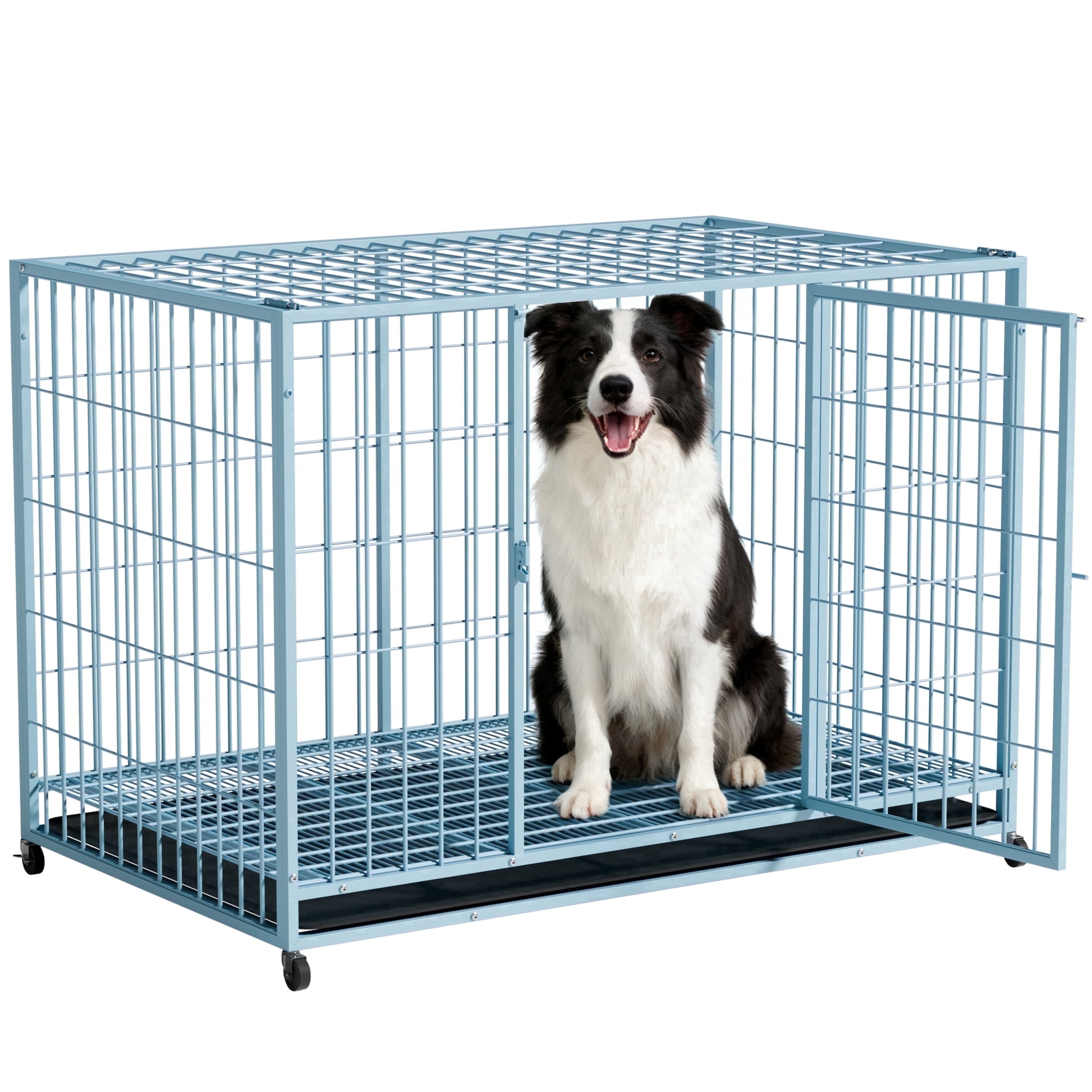 TIME RAY 48 inch Metal Wire Dog Crate for Large Dogs with Tray, Double Door, Puppy Dog Cage for Yard Indoor Outdoor Use,XL Dog Cage Kennel,Blue