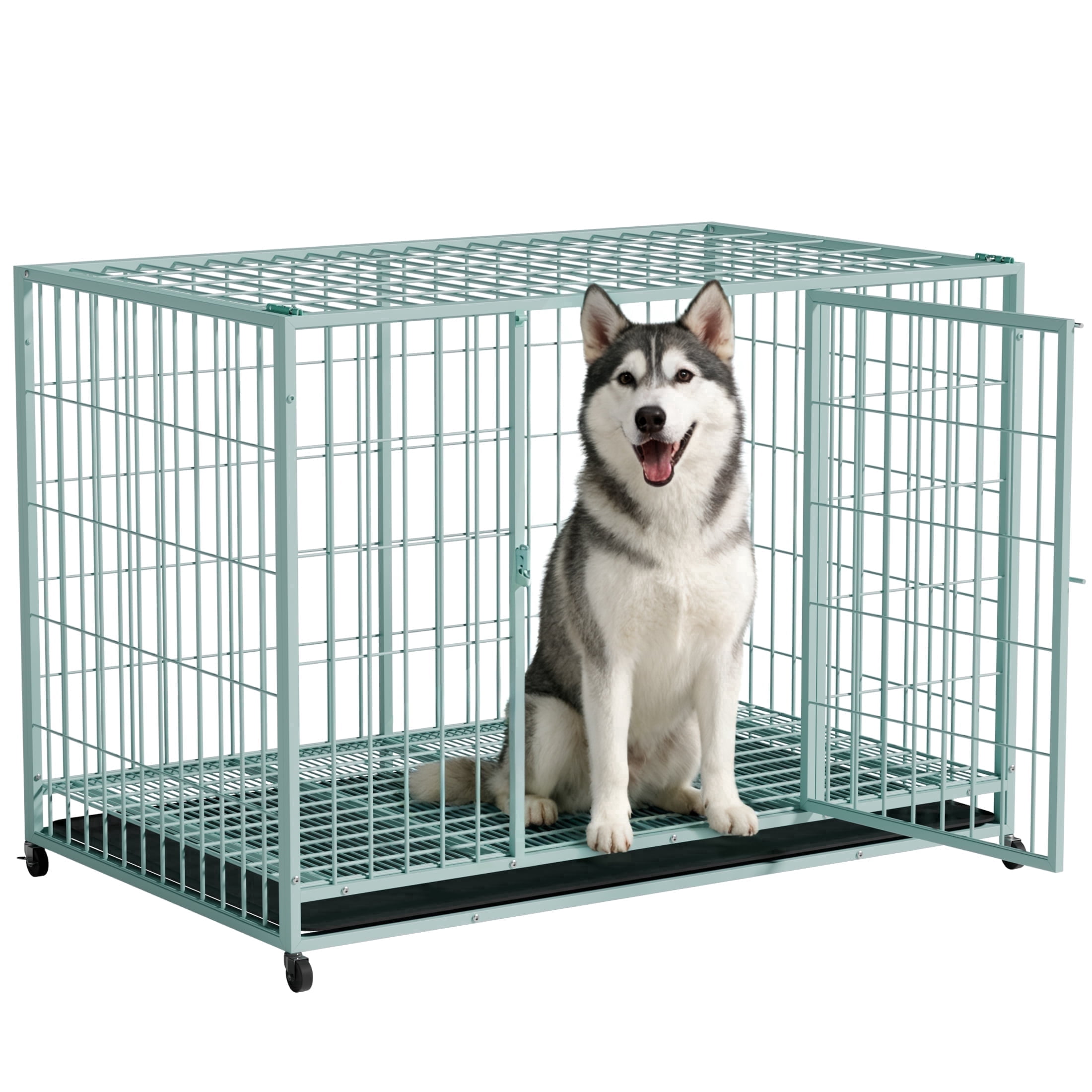TIME RAY 48" Metal Wire Dog Crate for Large Dogs with Tray, Double Door, Puppy Dog Cage for Yard Indoor Outdoor Use,XL Dog Cage Kennel,Green