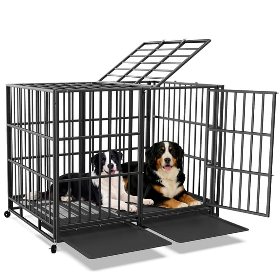 TIME RAY 60" Heavy Duty Indestructible High Anxiety Dog Crate Cage for Large Dog with Steel Escape Proof,Double Doors ,Lockable Wheels and Removable Tray