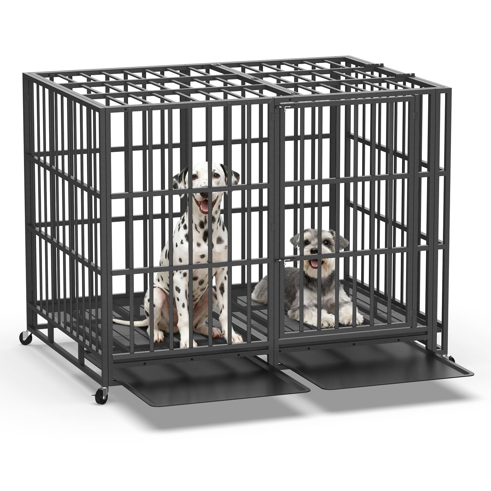 TIME RAY 60" Heavy Duty Indestructible High Anxiety Dog Crate Cage for Large Dog with Steel Escape Proof,Double Doors ,Lockable Wheels and Removable Tray