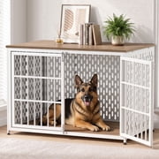 TIME RAY 48" Dog Crate Furniture, Heavy-Duty Metal Dog House, Decorative Pet House that Doubles as an Indoor Side Table, White