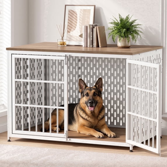 TIME RAY 48" Dog Crate Furniture, Heavy-Duty Metal Dog House, Decorative Pet House that Doubles as an Indoor Side Table, White