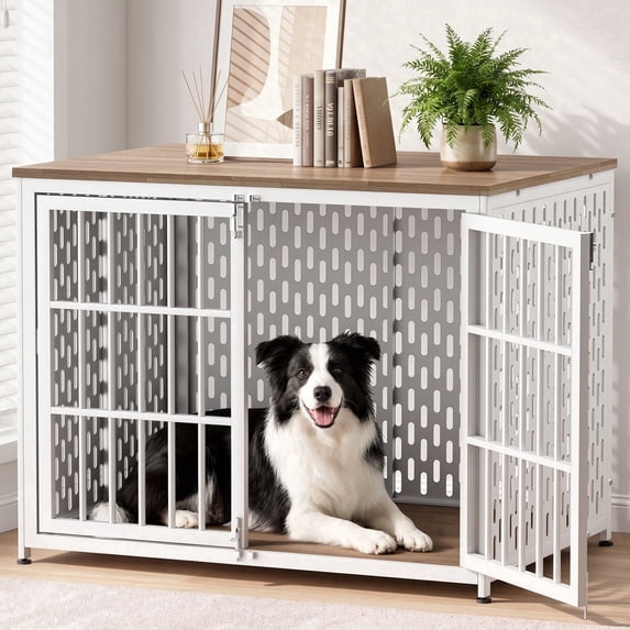 TIME RAY 42" Dog Crate Furniture, Heavy-Duty Metal Dog House, Decorative Pet House that Doubles as an Indoor Side Table, Antique,White