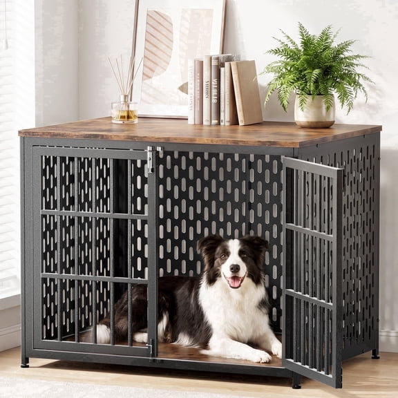 TIME RAY 42" Dog Crate Furniture, Heavy-Duty Metal Dog House, Decorative Pet House that Doubles as an Indoor Side Table, Antique Black