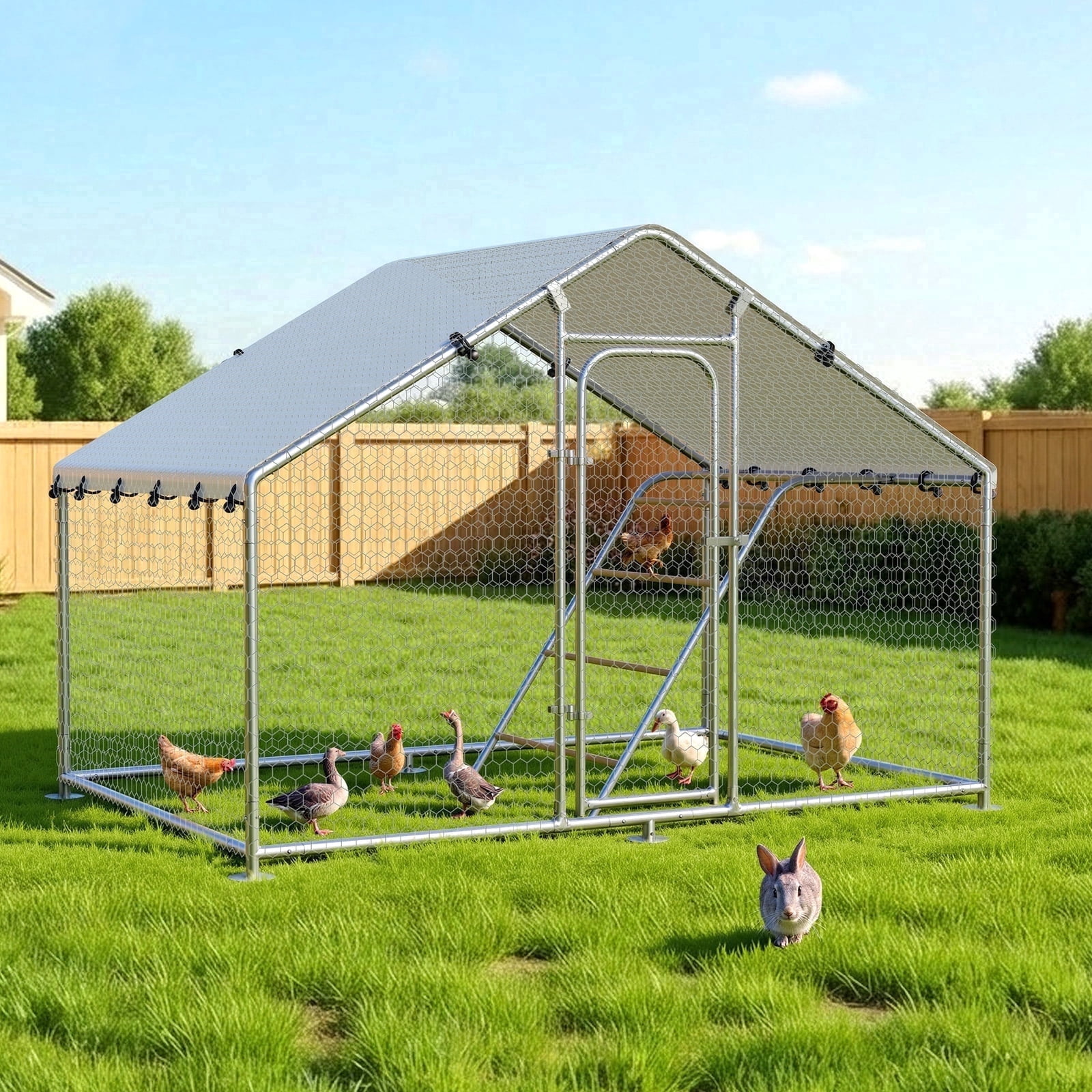 Time Ray Outdoor Chicken Coop with Roosting for 5 Chickens Run Walk-in Metal Poultry Cage for Outdoor Backyard Chicken Run