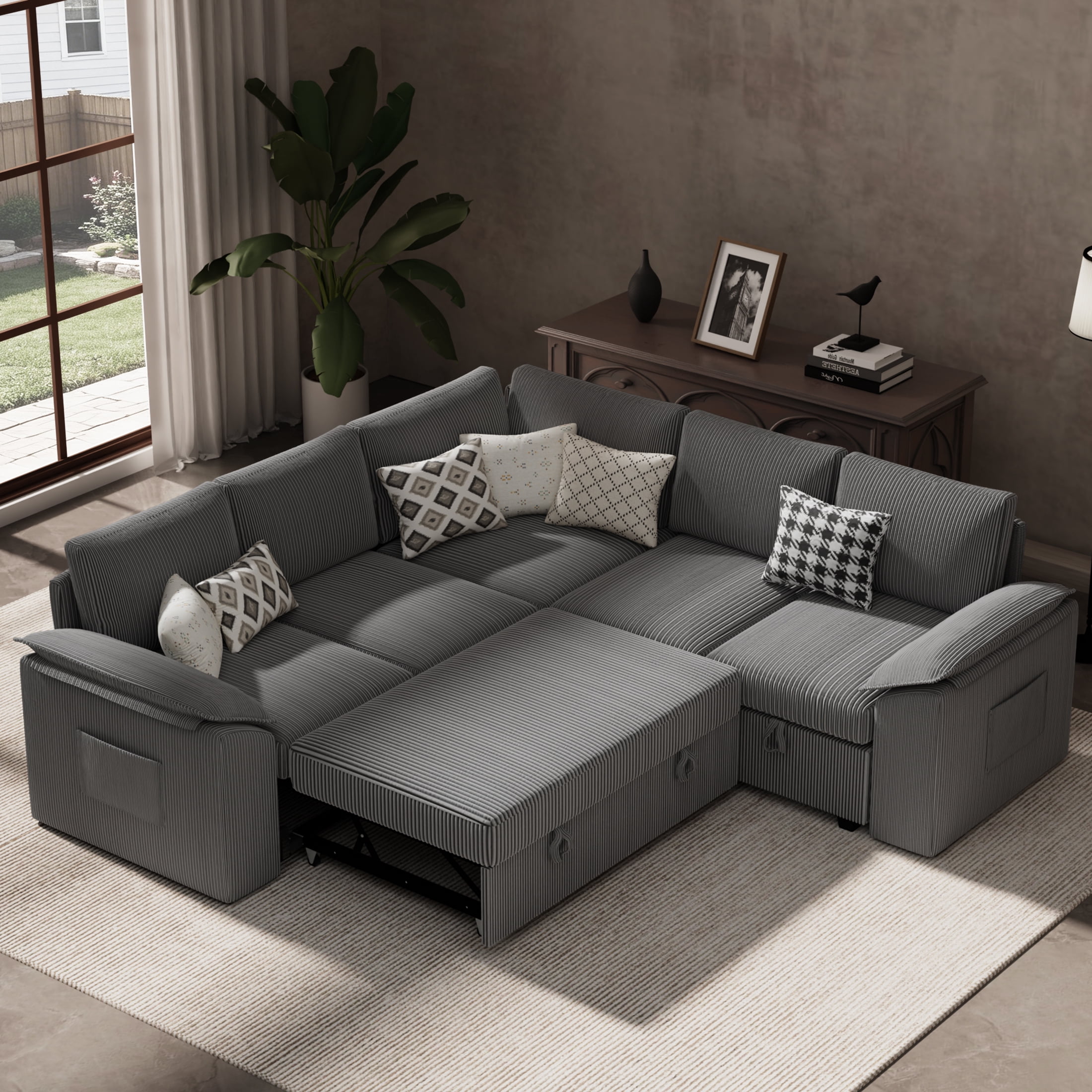 Time Ray Plush Corduroy Sleeper Sofa Bed with Storage Seat&Side Pocket ...