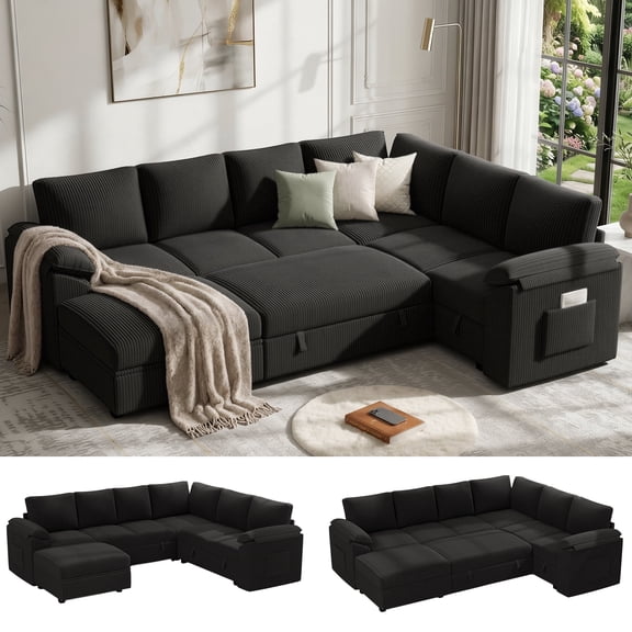 Time Ray 7 Seaters Storage Sectional Sleeper Sofa with Pull Out Bed,Modular Sectional Sofa with Storage Ottoman,Side Pocket,2 Loveseat,Plush Corduroy Sectional Couches for Living Room,Black