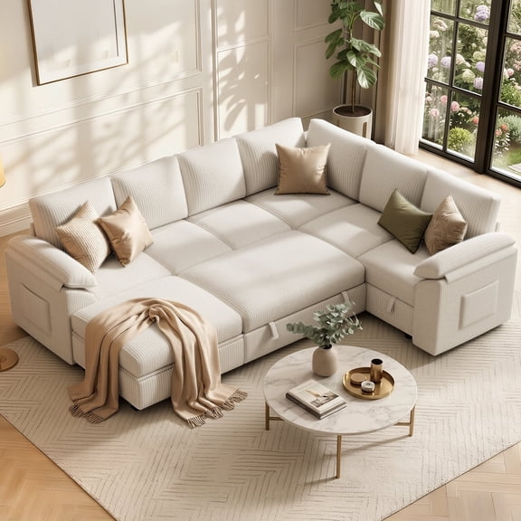 Time Ray 7 Seaters Storage Sectional Sleeper Sofa with Pull Out Bed,Modular Sectional Sofa with Storage Ottoman,Side Pocket,2 Loveseat,Plush Corduroy Sectional Couches for Living Room,Beige