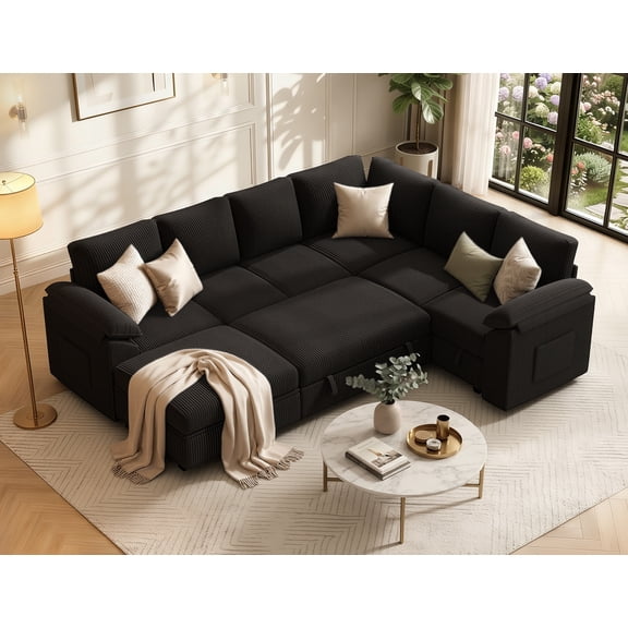 Time Ray 7 Seaters Storage Sectional Sleeper Sofa with Pull Out Bed,Modular Sectional Sofa with Storage Ottoman,Side Pocket,2 Loveseat,Plush Corduroy Sectional Couches for Living Room,Black