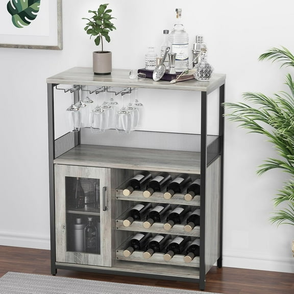 Time-Sensitive Discounts Farmhouse Wine Bar Cabinet with Detachable Wine Rack – Gray Kitchen Buffet Cabinet with Glass Holder and Mesh Door, Ideal for Living Room and Bar
