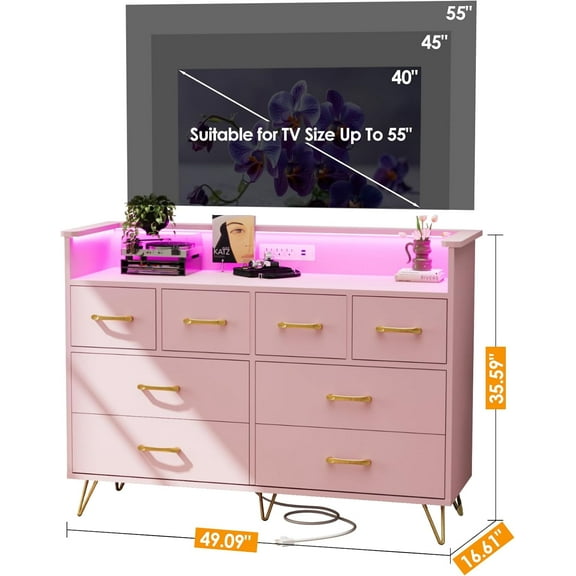 Time-Sensitive Discounts Stylish Pink Dresser with 8 Drawers, LED Lighting & Built-In Charging Station - Modern Storage for Bedroom, Entryway, and Living Room – Perfect for Organizing Essentials
