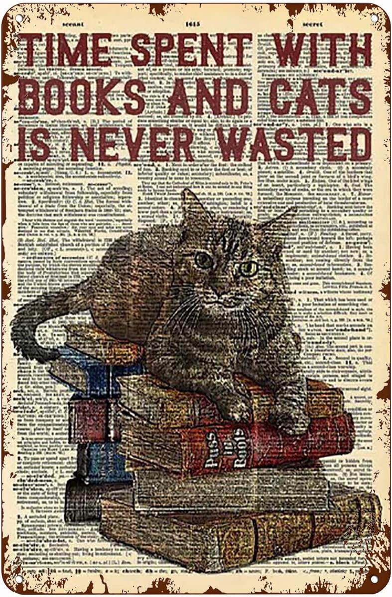 Targa In Metallo Vintage Gatto Siamese E Libri 20x30 Cm - Scritta "Time Spent With Books And Cats Is Never Wasted"