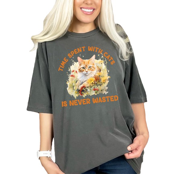 Time Spent With Cats Is Never Wasted T-Shirt, Cute Cat Lover T-Shirt, Funny Animal Quote Tee, Unique Gift for Cat Owners, Pepper Comfort Colors T-Shirt, Medium