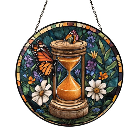 Time Symbol with Butterfly Design Stained Glass Style Window Hanging – Artistic Decor