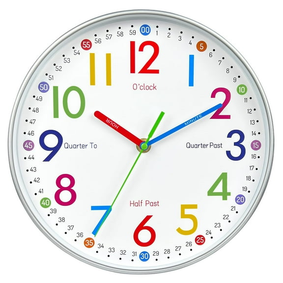 Time Teaching Clock for Silent Wall Clock with Bold Colorful Digits, Great for Homeschool Nursery Classroom Bedroom, White