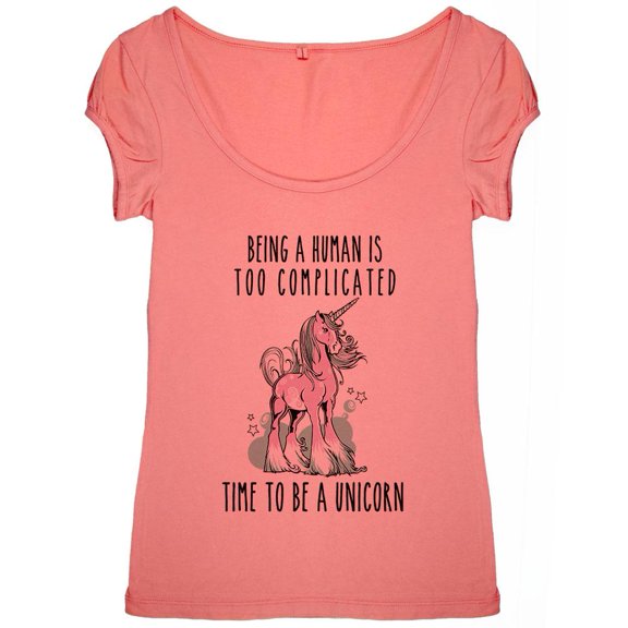 Time To Be A Unicorn Womens Scoop Neck T Shirt Coral SM