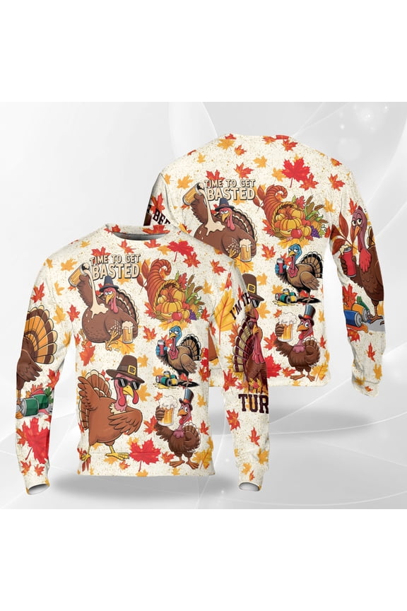 Time To Get Basted Thanksgiving Sweatshirt, Funny Drunk Turkey Beer Sweater, Autumn Party Pullover, Happy Thanksgiving Drinking Sweatshirt