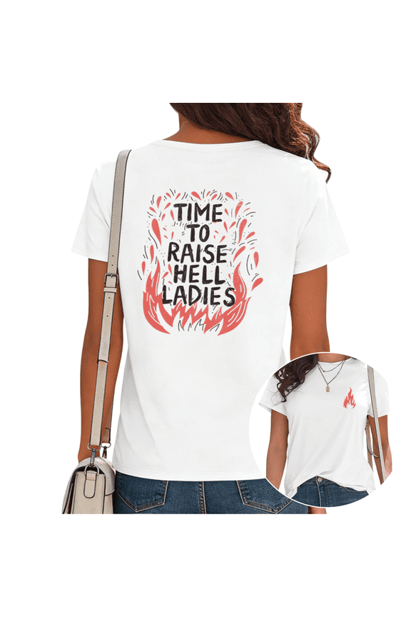 Time To Raise Hell Ladies Graphic Fashion Tees T-shirt Red Flame Feminist Tops Tops Round Neck White S-5XL