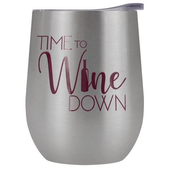 Time To Wine Down 12 oz Stemless Tumbler, Stainless Steel Travel Cup|Lake Tumbler|Insulated with Leak Resistant Slide-Lock Lid