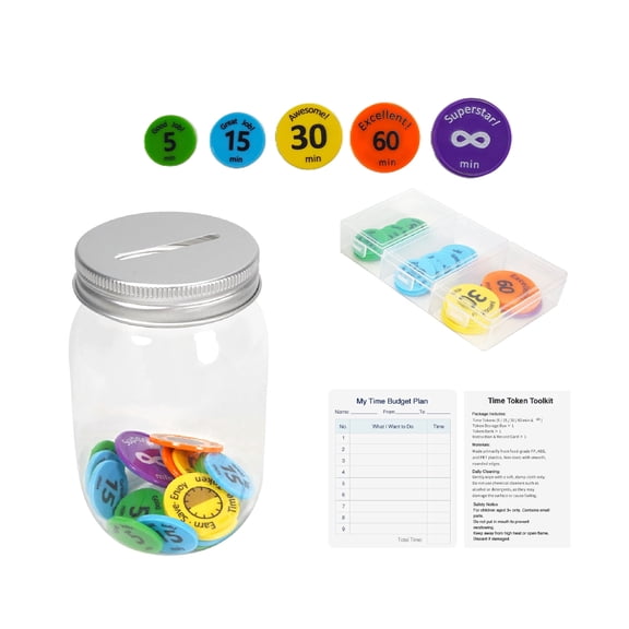 Time Token Kit for Kids-Earn, Save, Spend System to Build Time Management and Planning Skills. 52 Tokens, Piggy Bank ,Storage Box. Ideal for Screen Time Limits, Behavior Management,Reward System