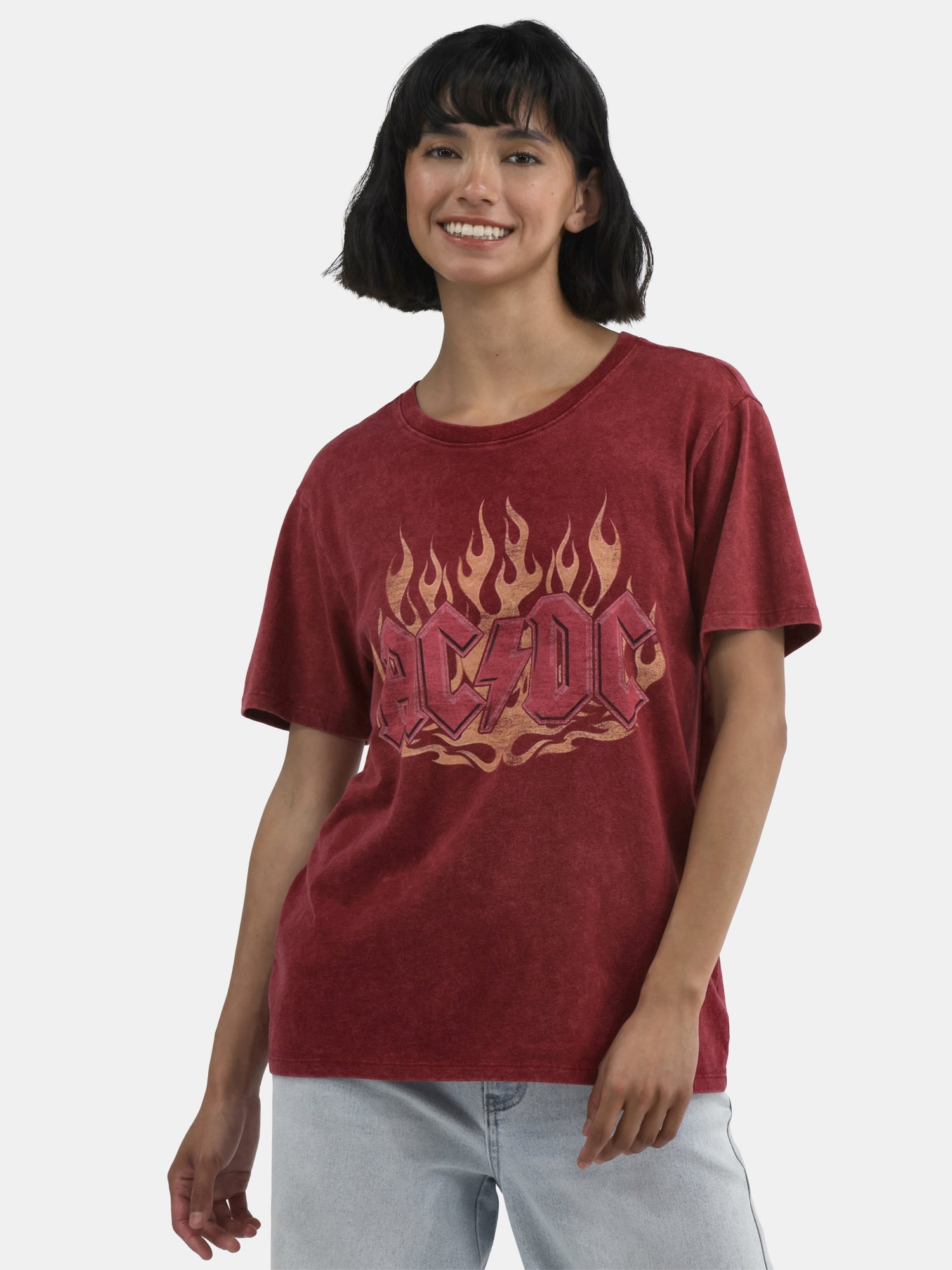 Time and Tru Women's AC/DC Flames Graphic T-Shirt with Fiery Design ...