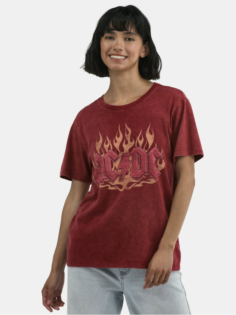 Time and Tru Women's AC/DC Flames Graphic Tee Relaxed Fit Cotton