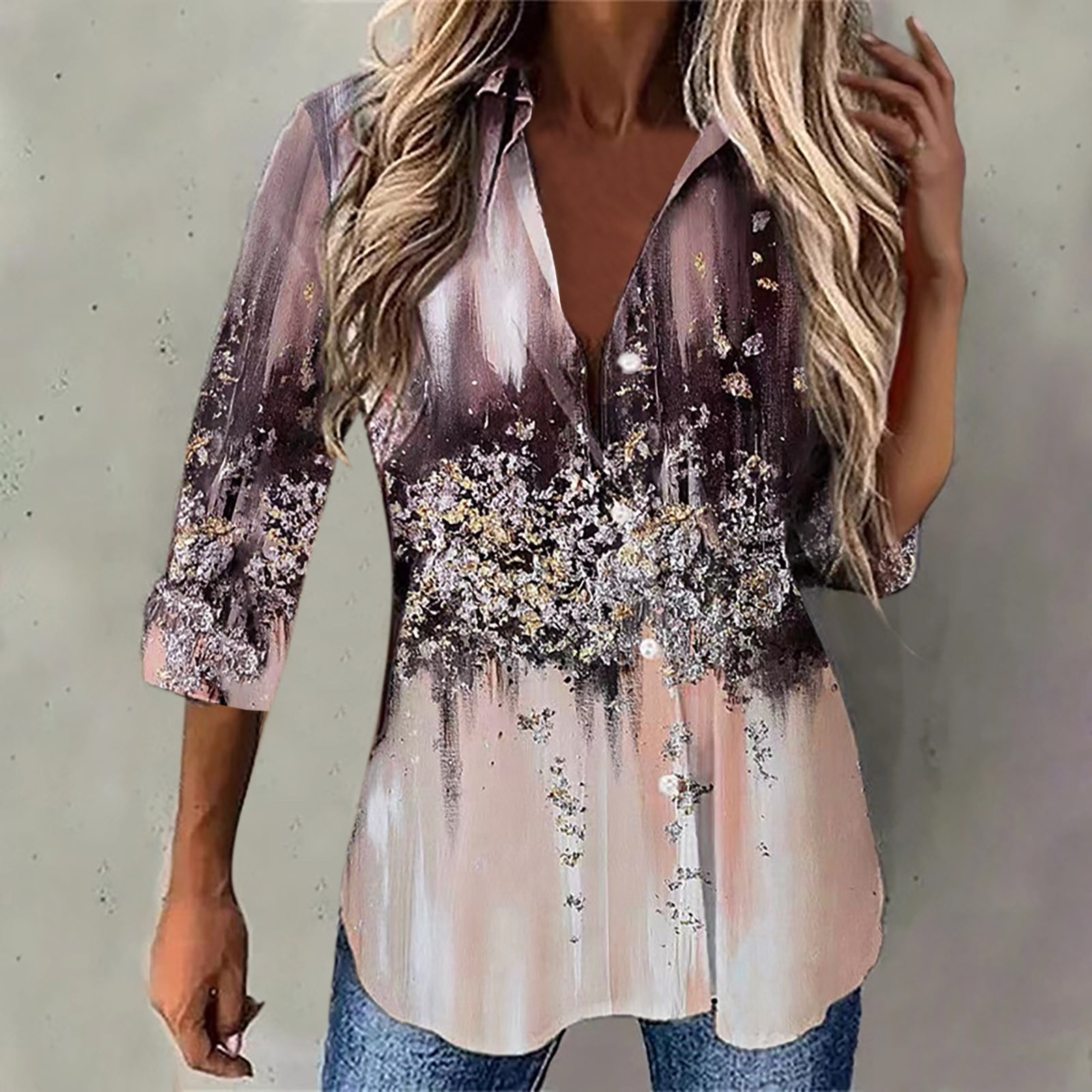 Time and Tru Fashion Women Print Casual Long Sleeve Turndown Collar