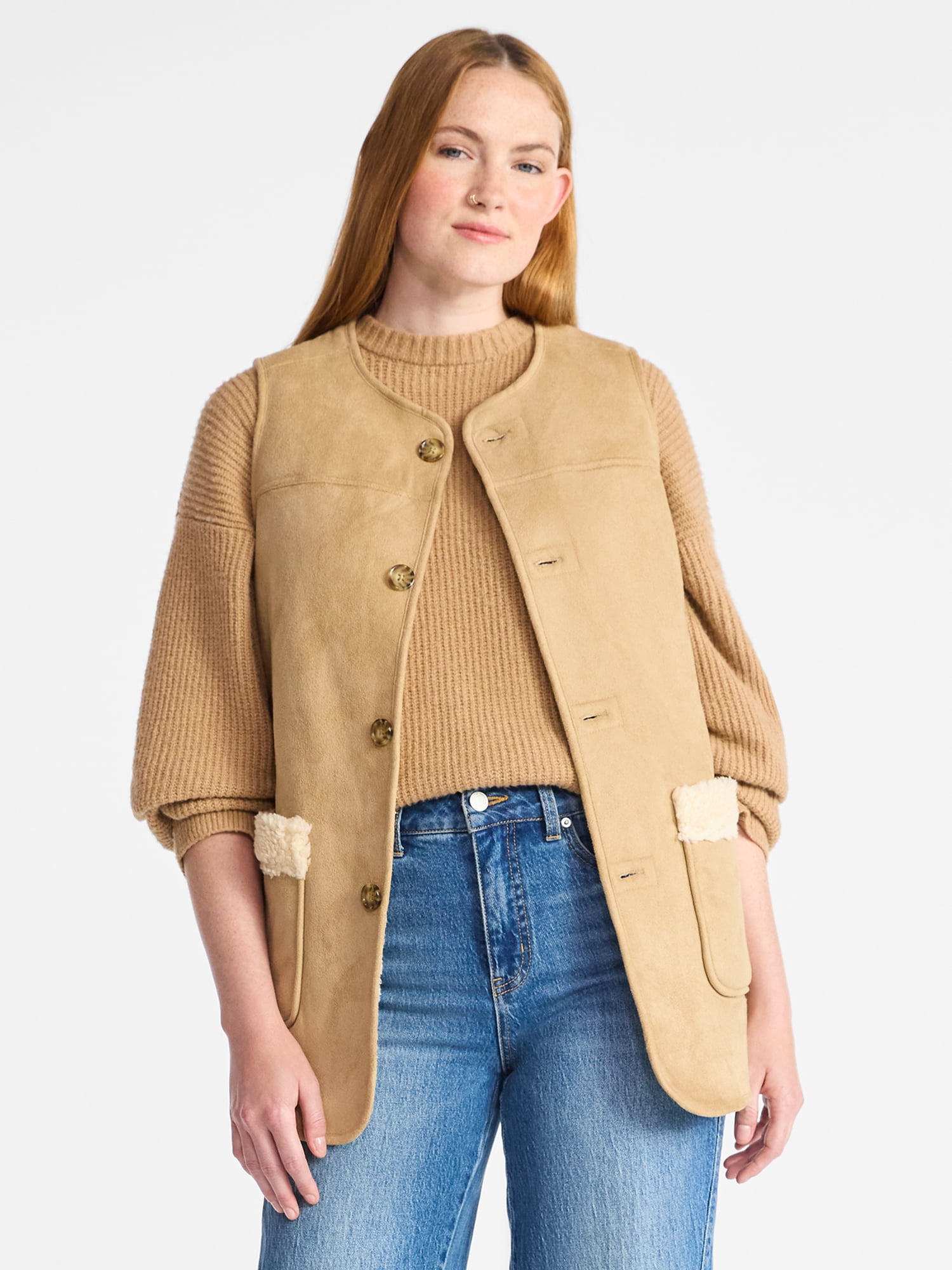 Time and Tru Women’s Faux Shearling Longline Vest, Lightweight, Sizes XS-XXXL